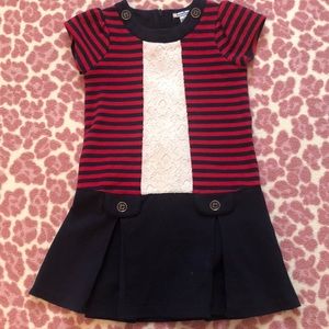 Red and navy pleated skirt striped dress with lace